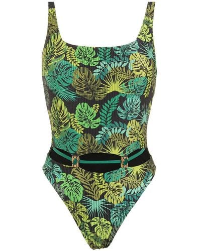 Amir Slama Tropical Print Ribbed Swimsuit - Green
