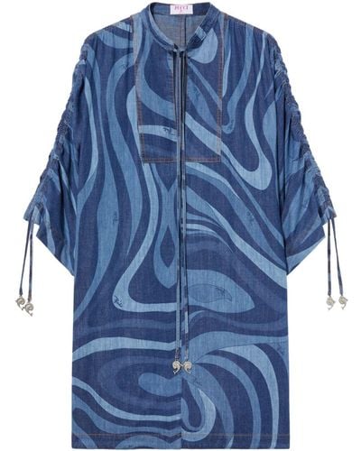 Emilio Pucci Marmo-print Denim Kaftan Dress - Blue