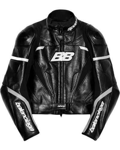 Balenciaga Veste de moto en cuir à logo imprimé - Noir