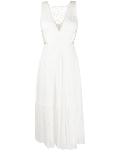 Nissa Crystal-embellished Pleated Silk Dress - White