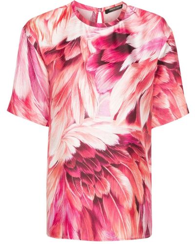 Roberto Cavalli Seiden-T-Shirt mit Gefieder-Print - Pink