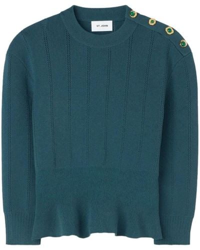 St. John Button-embellished Knitted Peplum Sweater - Green