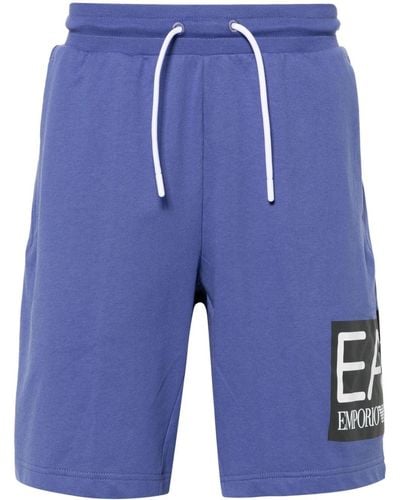 EA7 Short de sport en coton à logo imprimé - Bleu