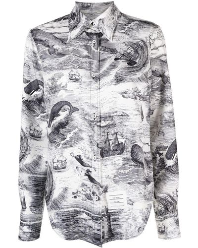 Thom Browne Nautical-print Long-sleeved Shirt - Grey