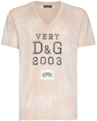 Dolce & Gabbana Cotton V-neck T-shirt With Print - Natural