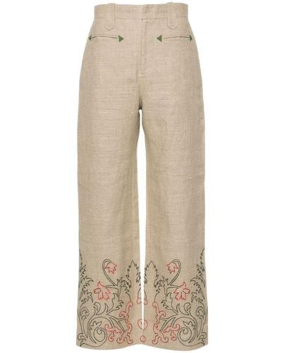 Bode Floral-embroidered Linen Pants - Natural