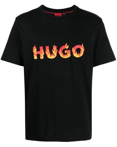 HUGO T-shirt en jersey de coton avec logo flammes en relief - Noir