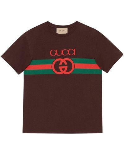 Gucci ウェブストライプ&ロゴ コットンtシャツ - ブラウン