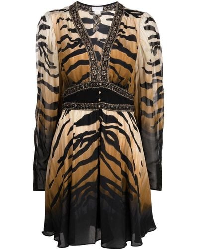 Camilla Vestido corto con estampado de tigre - Negro