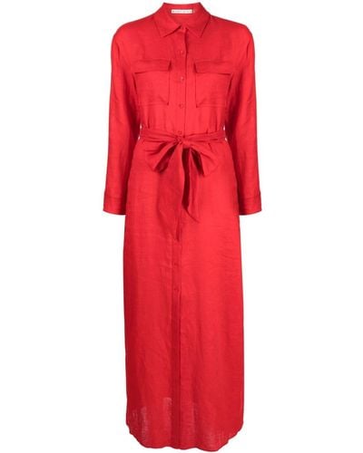 Alice + Olivia Belted Linen Maxi Shirtdress - Red