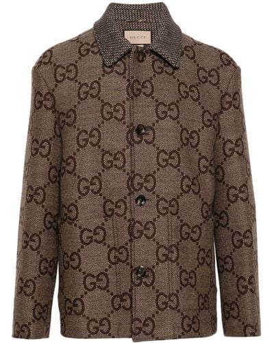 Gucci Monogram-pattern Wide-collar Wool Jacket - Brown