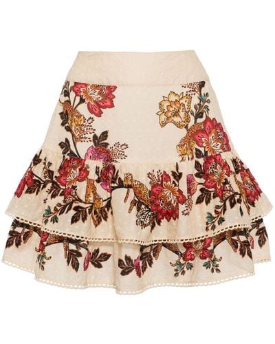 FARM Rio Leopard Flowers-print Ruffled Skirt - ナチュラル