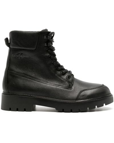 Calvin Klein Logo-patch Leather Ankle Boot - Black