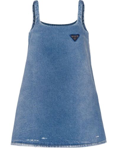 Prada Logo-plaque Flared Denim Dress - Blue