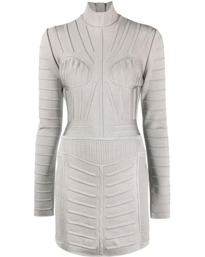 Balmain Ribbed Long-sleeve Mini Dress - Grey