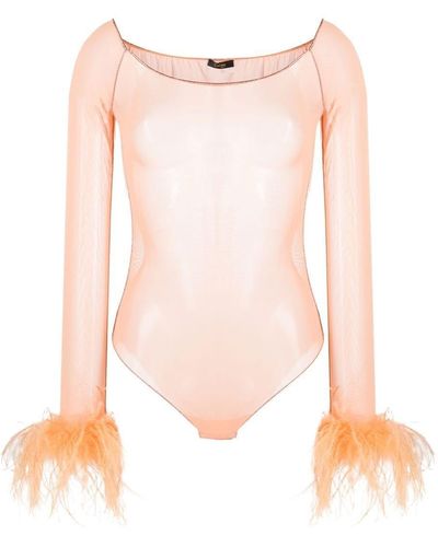 Oséree Feather-trim Sheer Bodysuit - Pink