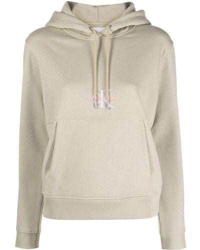 Calvin Klein Chest-logo Drawstring Hoodie - Natural