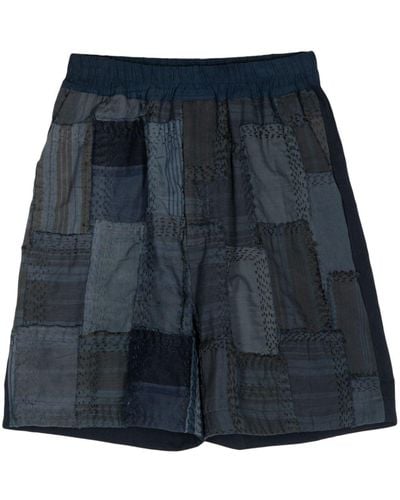 By Walid Patchwork Cotton Bermuda Shorts - Blue