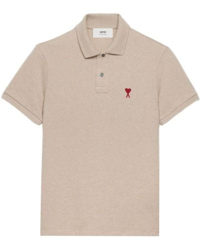 Ami Paris Embroidered-logo Organic Cotton Polo Shirt - Natural