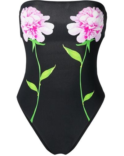 Cynthia Rowley Floral-print Strapless Swimsuit - Black