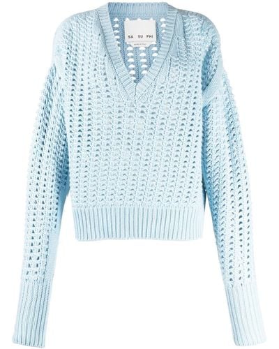 Sa Su Phi V-neck Open-knit Sweater - Blue