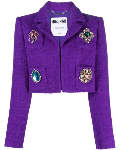 Moschino Crystal-embellished Wool-blend Cropped Jacket - Purple
