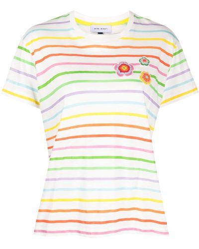 Mira Mikati Floral-embroidered Striped T-shirt - White