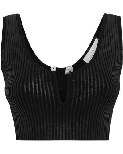 Philipp Plein Coated Ribbed-knit Cropped Top - Black