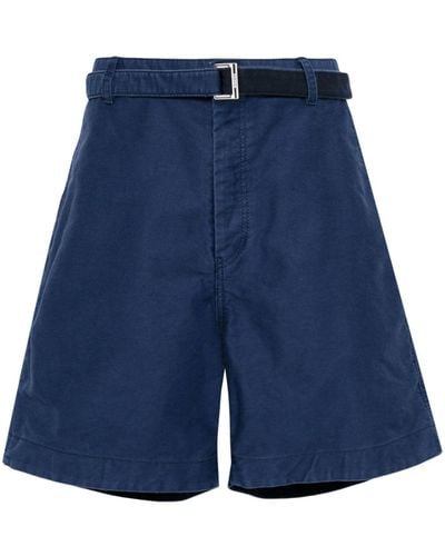 Sacai Belted Cotton Wide-leg Shorts - Blue