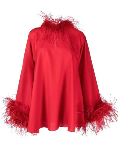 Styland Feather-trimmed Long-sleeved Minidress - Red