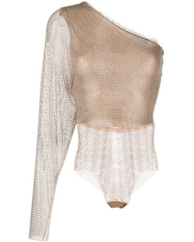Genny Batwing-sleeve Rhinestone-mesh Bodysuit - White