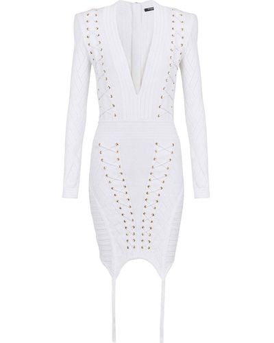 Balmain Lace-up Detail Knitted Dress - White