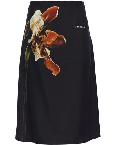 Prada Jupe mi-longue en soie à fleurs - Noir