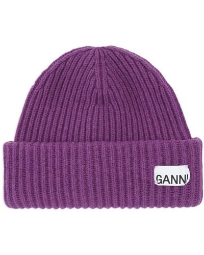 Ganni Bonnet nervuré à patch logo - Violet