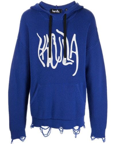 Haculla Logo-print Distressed Knitted Hoodie - Blue