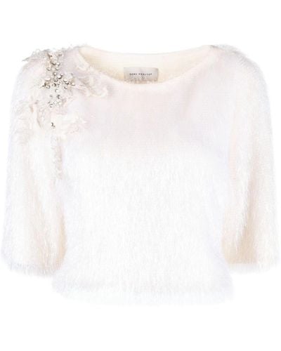 Gemy Maalouf Crystal-detail Fringed Cropped Blouse - White