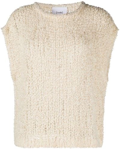 Nude Crew-neck Sleeveless Knitted Top - Natural