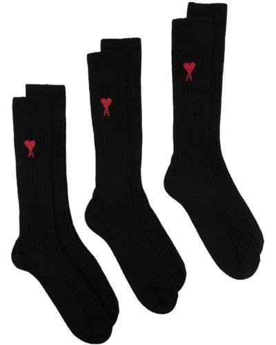 Ami Paris Ami Paris Paris Intarsia-knit Logo Socks (pack Of Three) - Black
