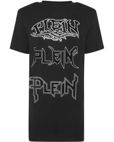 Philipp Plein Vestido corto Iconic estilo camiseta con cristales - Negro