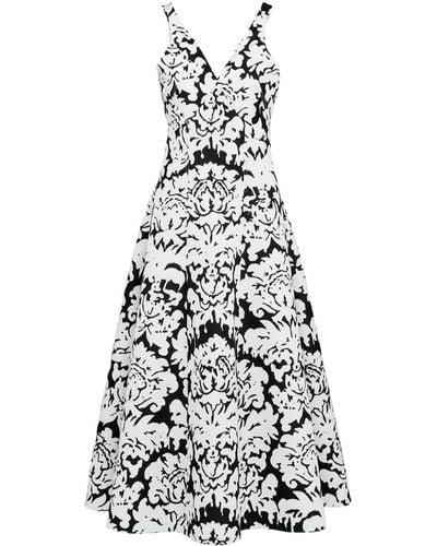 Alexander McQueen V-neck Brocade Print Midi Dress - White