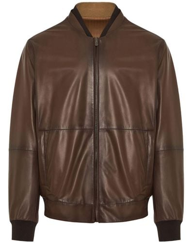 Corneliani Baseball-collar Leather Jacket - Brown
