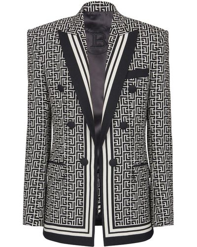 Balmain Monogram-print Double-breasted Blazer - Black