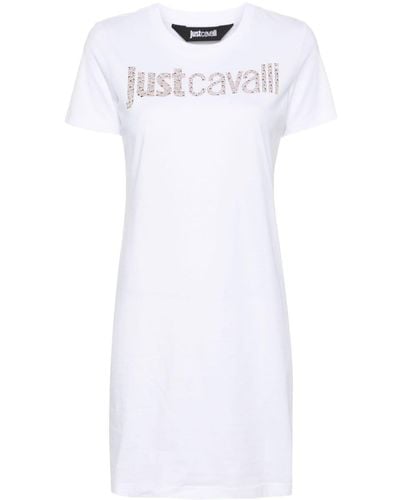 Just Cavalli Rhinestone-logo T-shirt Dress - White