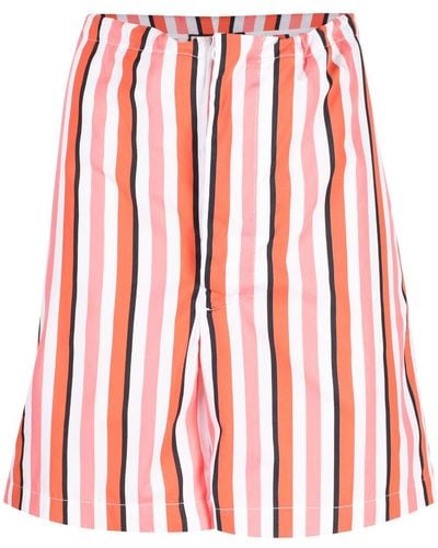 Plan C Striped Drawstring Cotton Bermuda Shorts - Red