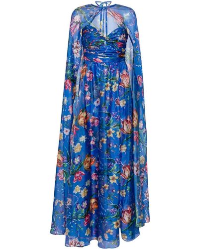 Marchesa Ribbons Floral-print Cape Gown - Blue
