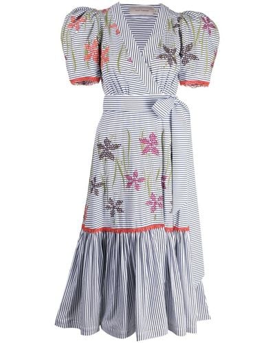 Silvia Tcherassi Floral-embroidered Striped Midi Dress - Blue
