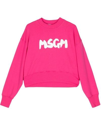 MSGM Brushstroke Logo-print Cotton Sweatshirt - Pink