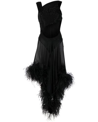 The Attico Feather-trimmed Asymmetric Dress - Black