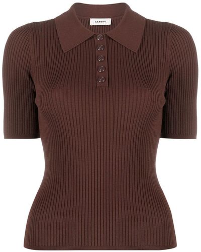 Sandro Ribbed-knit Polo Top - Brown