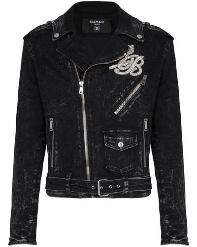 Balmain Veste de moto en jean à logo appliqué - Noir